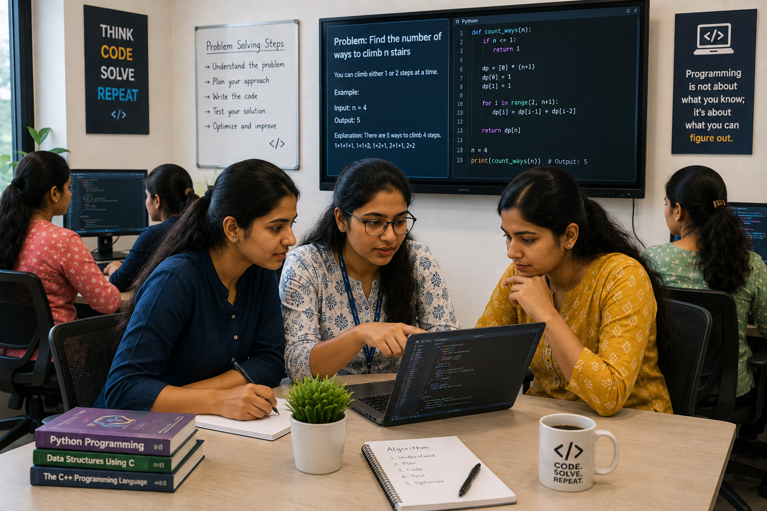 Women solving programming problems during a live session